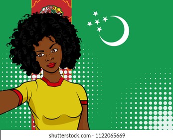 african american girl makes selfie in front of national flag Turkmenistan in pop art style illustration. Element of sport fan illustration for mobile and web apps on national flag background