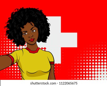 african american girl makes selfie in front of national flag Switzerland in pop art style illustration. Element of sport fan illustration for mobile and web apps on national flag background