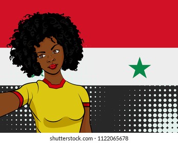 african american girl makes selfie in front of national flag Syria in pop art style illustration. Element of sport fan illustration for mobile and web apps on national flag background