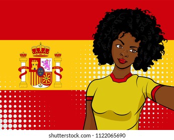 african american girl makes selfie in front of national flag Spain in pop art style illustration. Element of sport fan illustration for mobile and web apps on national flag background
