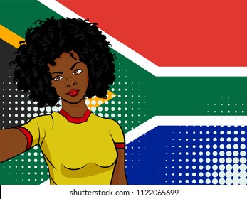 african american girl makes selfie in front of national flag South Africa in pop art style illustration. Element of sport fan illustration for mobile and web apps on national flag background