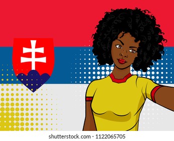 african american girl makes selfie in front of national flag Slovakia in pop art style illustration. Element of sport fan illustration for mobile and web apps on national flag background