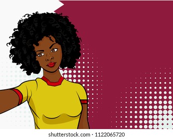 african american girl makes selfie in front of national flag Qatar in pop art style illustration. Element of sport fan illustration for mobile and web apps on national flag background