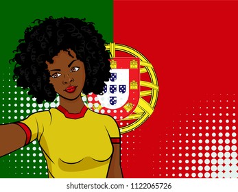 african american girl makes selfie in front of national flag Portugal in pop art style illustration. Element of sport fan illustration for mobile and web apps on national flag background