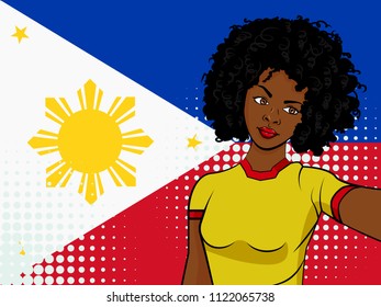 african american girl makes selfie in front of national flag Philippines in pop art style illustration. Element of sport fan illustration for mobile and web apps on national flag background