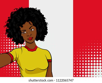 african american girl makes selfie in front of national flag Peru in pop art style illustration. Element of sport fan illustration for mobile and web apps on national flag background