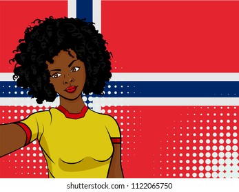 african american girl makes selfie in front of national flag Norway in pop art style illustration. Element of sport fan illustration for mobile and web apps on national flag background