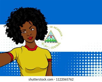 african american girl makes selfie in front of national flag Nicaragua in pop art style illustration. Element of sport fan illustration for mobile and web apps on national flag background