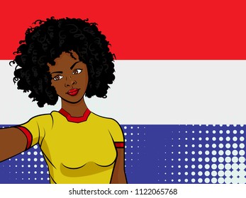 african american girl makes selfie in front of national flag Netherlands in pop art style illustration. Element of sport fan illustration for mobile and web apps on national flag background