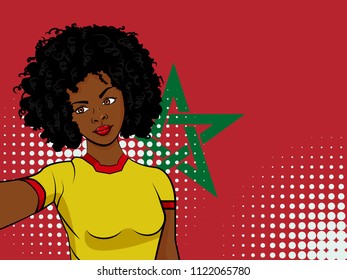 african american girl makes selfie in front of national flag Morocco in pop art style illustration. Element of sport fan illustration for mobile and web apps on national flag background