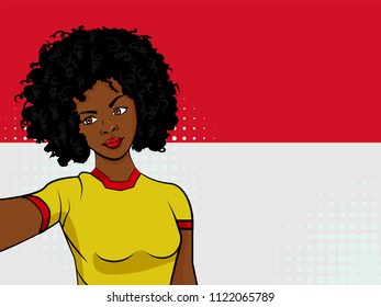 african american girl makes selfie in front of national flag Monaco in pop art style illustration. Element of sport fan illustration for mobile and web apps on national flag background