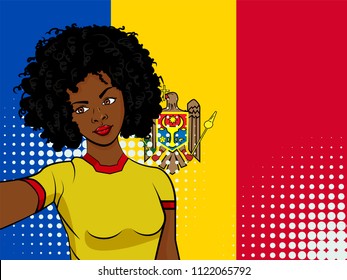 african american girl makes selfie in front of national flag Moldova in pop art style illustration. Element of sport fan illustration for mobile and web apps on national flag background
