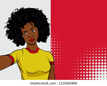 african american girl makes selfie in front of national flag Malta in pop art style illustration. Element of sport fan illustration for mobile and web apps on national flag background