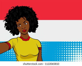 african american girl makes selfie in front of national flag Luxembourg in pop art style illustration. Element of sport fan illustration for mobile and web apps on national flag background