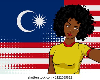african american girl makes selfie in front of national flag Malaysia in pop art style illustration. Element of sport fan illustration for mobile and web apps on national flag background