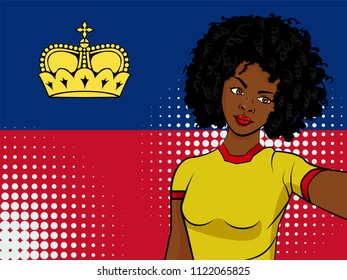 african american girl makes selfie in front of national flag Liechtenstein in pop art style illustration. Element of sport fan illustration for mobile and web apps on national flag background