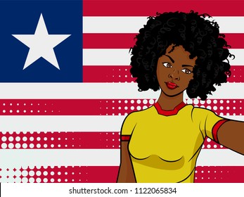 african american girl makes selfie in front of national flag Liberia in pop art style illustration. Element of sport fan illustration for mobile and web apps on national flag background