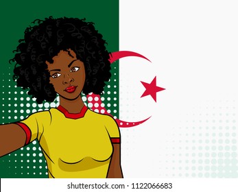 african american girl makes selfie in front of national flag Algeria in pop art style illustration. Element of sport fan illustration for mobile and web apps on national flag background