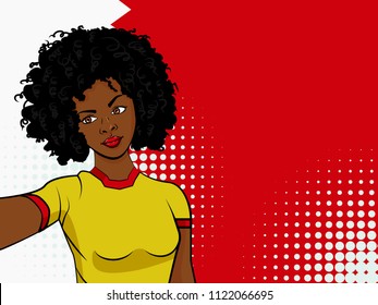 african american girl makes selfie in front of national flag Bahrain in pop art style illustration. Element of sport fan illustration for mobile and web apps on national flag background