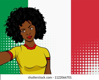 african american girl makes selfie in front of national flag Italy in pop art style illustration. Element of sport fan illustration for mobile and web apps on national flag background
