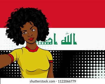 african american girl makes selfie in front of national flag Iraq in pop art style illustration. Element of sport fan illustration for mobile and web apps on national flag background