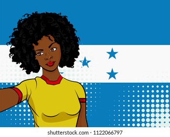 african american girl makes selfie in front of national flag Honduras in pop art style illustration. Element of sport fan illustration for mobile and web apps on national flag background