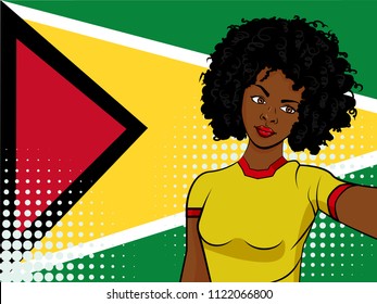 african american girl makes selfie in front of national flag Guyana in pop art style illustration. Element of sport fan illustration for mobile and web apps on national flag background