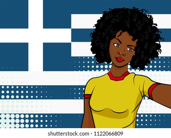 african american girl makes selfie in front of national flag Greece in pop art style illustration. Element of sport fan illustration for mobile and web apps on national flag background
