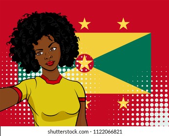 african american girl makes selfie in front of national flag Grenada in pop art style illustration. Element of sport fan illustration for mobile and web apps on national flag background