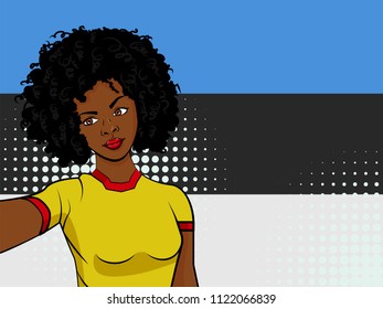 african american girl makes selfie in front of national flag Estonia in pop art style illustration. Element of sport fan illustration for mobile and web apps on national flag background