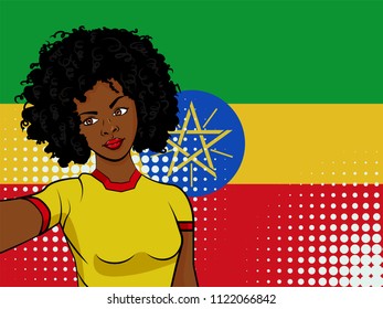 african american girl makes selfie in front of national flag Ethiopia in pop art style illustration. Element of sport fan illustration for mobile and web apps on national flag background