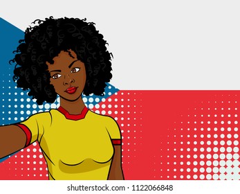 african american girl makes selfie in front of national flag Czech Republic in pop art style illustration. Element of sport fan illustration for mobile and web apps on national flag background
