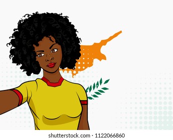 african american girl makes selfie in front of national flag Cyprus in pop art style illustration. Element of sport fan illustration for mobile and web apps on national flag background