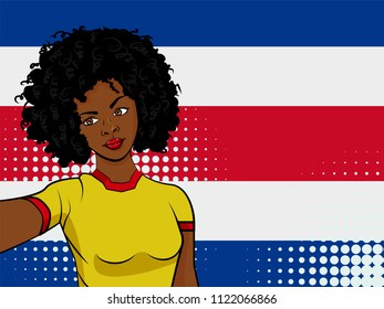 african american girl makes selfie in front of national flag Costa Rica in pop art style illustration. Element of sport fan illustration for mobile and web apps on national flag background