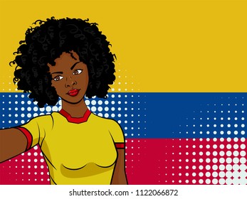 african american girl makes selfie in front of national flag Colombia in pop art style illustration. Element of sport fan illustration for mobile and web apps on national flag background