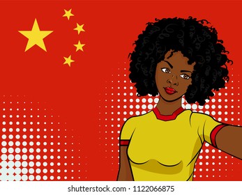 african american girl makes selfie in front of national flag China in pop art style illustration. Element of sport fan illustration for mobile and web apps on national flag background