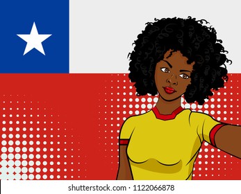 african american girl makes selfie in front of national flag Chile in pop art style illustration. Element of sport fan illustration for mobile and web apps on national flag background
