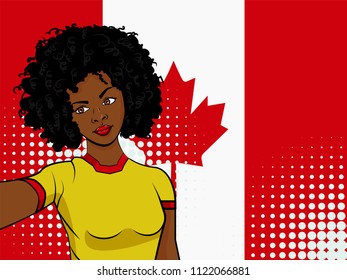 african american girl makes selfie in front of national flag Canada in pop art style illustration. Element of sport fan illustration for mobile and web apps on national flag background