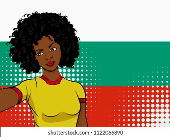 african american girl makes selfie in front of national flag Bulgaria in pop art style illustration. Element of sport fan illustration for mobile and web apps on national flag background