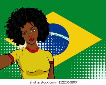 african american girl makes selfie in front of national flag Brazil in pop art style illustration. Element of sport fan illustration for mobile and web apps on national flag background