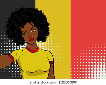 african american girl makes selfie in front of national flag Belgium in pop art style illustration. Element of sport fan illustration for mobile and web apps on national flag background