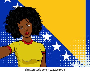 african american girl makes selfie in front of national flag Bosnia and Herzegovina in pop art style illustration. Element of sport fan illustration for mobile and web apps on national flag background