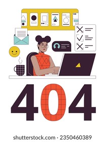 African american girl with many tasks error 404 flash message. Remote work on laptop. Empty state ui design. Page not found popup cartoon image. Vector flat illustration concept on white background