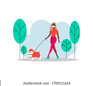 African American girl with a mask walks with dogs in the city. Vector cartoon illustration on the topic of the pandemic.Young girl walking in the park with dogs during quarantine. For books, poster