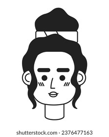 African american girl monochrome flat linear character head. Trendy bun hairstyle. Editable outline hand drawn human face icon. 2D cartoon spot vector avatar illustration for animation