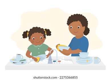 African american girl with mother washes the dishes. Little child helps her mom clean the kitchen. Sink with dirty dishes. Kitchen interior. House work together. Flat vector illustration