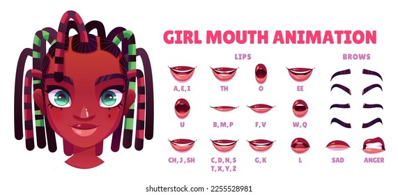 African American girl mouth animation set isolated on white background. Lip sync collection. Vector cartoon illustration of female teen face elements with different emotions, sound pronunciation