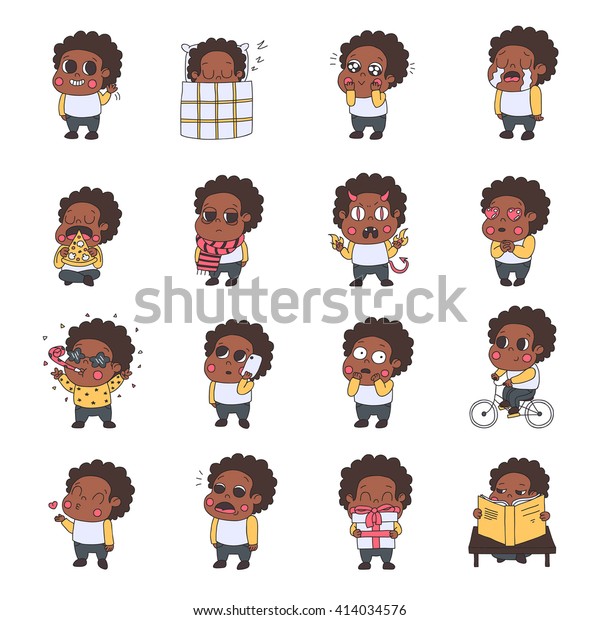 アフリカ系アメリカ人の女の子の多彩色のステッカー 絵文字 のベクター画像セット かわいい素朴なスタイル のベクター画像素材 ロイヤリティフリー