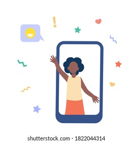 African American girl on phone screen. Positive speech bubble, blogger, video call flat vector illustration. Communication, social media, blog concept for banner, website design or landing web page