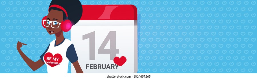 African American Girl Over Calender Page Happy Valentines Day Greeing Horizontal Banner With Copy Space Flat Vector Illustration